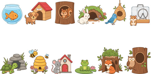 Fototapeta premium Cute animals and their homes collection with funny cartoon characters, habitats vector icon setCute animals and their homes collection with funny cartoon characters, habitats vector icon set