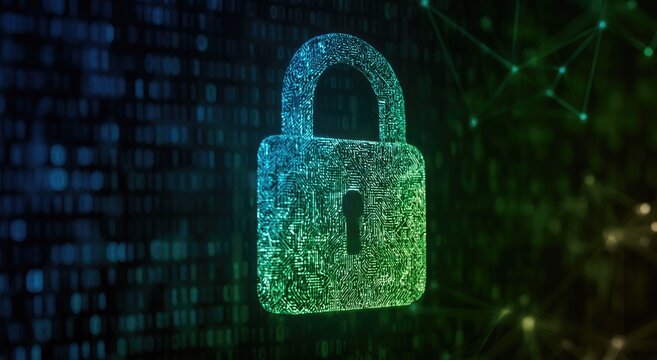 Glowing digital padlock on binary code and network nodes