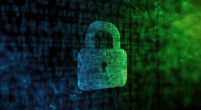 Glowing padlock superimposed on abstract binary code backdrop