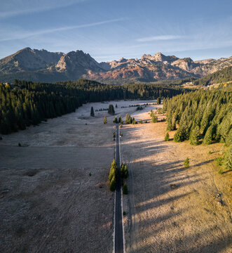Road Through a Valley With Mountains and Trees in the Background