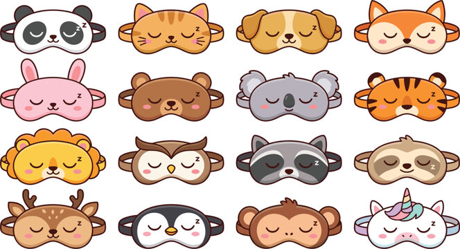 Cute animal sleeping masks collection with funny faces, cartoon blindfold eyewear vector icon setCute animal sleeping masks collection with funny faces, cartoon blindfold eyewear vector icon set