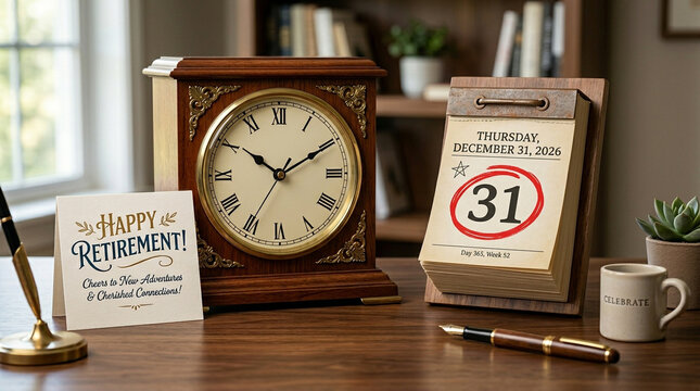 Vintage retirement celebration scene with wooden mantle clock, tear-off calendar marked December 31, 2026, and happy retirement greeting card on desk