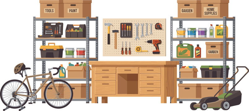 Garage workshop storage shelves with tools on pegboard, bicycle, lawn mower and organized workbenchGarage workshop storage shelves with tools on pegboard, bicycle, lawn mower and organized workbench