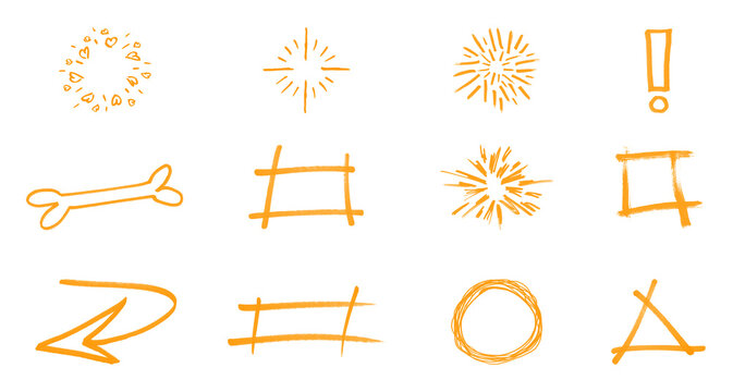 Set of orange hand drawn scribble doodle elements on transparent background including circle square triangle arrow exclamation mark bone star and comic brush stroke icons.