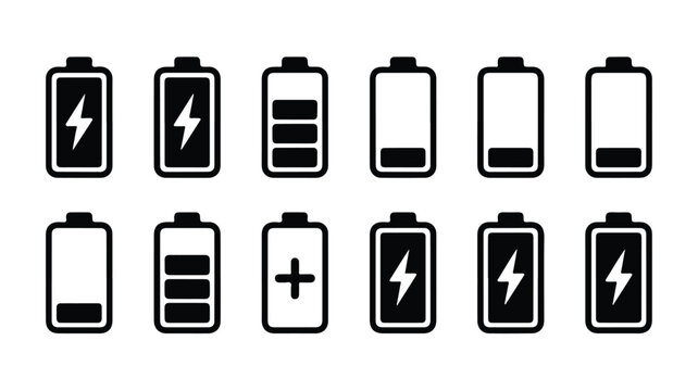 A set of 15 black and white industrial battery icons displayed