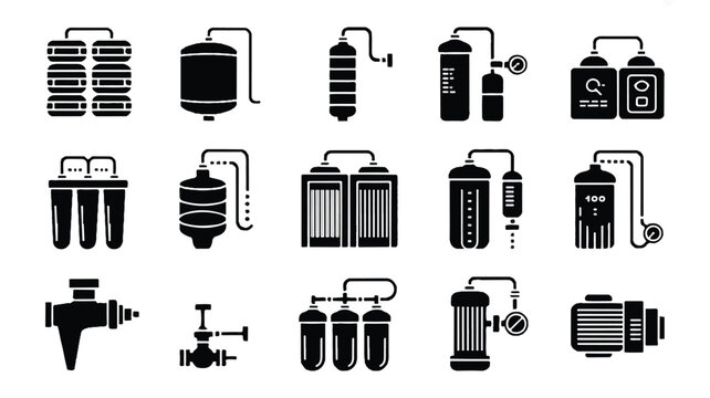 A set of minimalist plumbing and bath icons including various fixtures and tools
