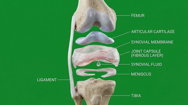 Detailed anatomical illustration of knee joint ligaments and cartilage in medical education style