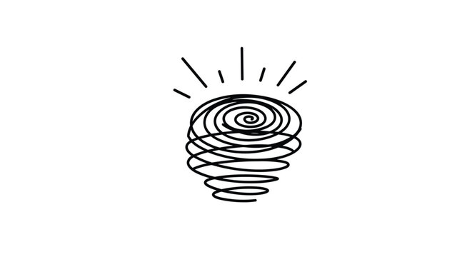 Minimalist black line drawing of a spiral or vortex shape with several short lines radiating from the top on white.