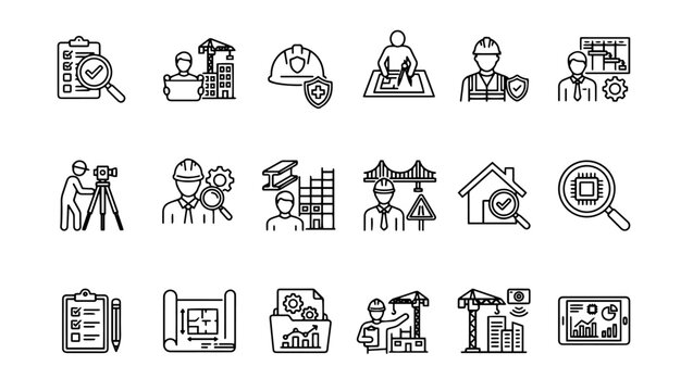Engineer Inspector Icon Pack of 18 Thin Line Vector Icons on PNG Background, engineer inspector, engineer icon, inspector icon, construction engineer, site supervisor, quality inspector, safety, 