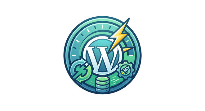 Optimized wordpress website performance concept with lightning speed icon and server database symbols featuring refresh arrows and gear mechanic integration for high speed web hosting development.