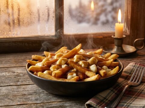 A close-up shot of a bowl of poutine, a Canadian dish made with french fries, cheese curds, and gravy. The poutine is steaming, indicating it is freshly made. 
