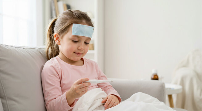 Sick little girl with a cooling fever patch on her forehead checking her temperature with a digital thermometer. Child resting on a couch under a blanket at home