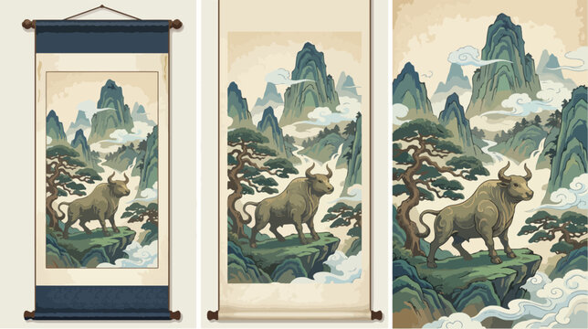 Traditional chinese scroll painting featuring a majestic bull standing on a cliffside amidst misty mountains