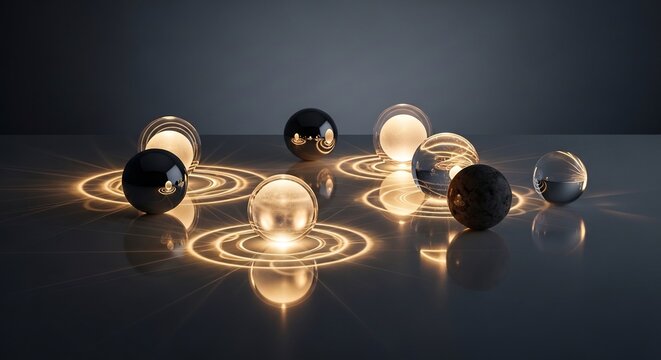 Glowing Glass Spheres Resting on Reflective Surface in Dark Abstract Studio