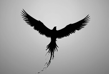 Naklejka premium Black and white silhouette of a phoenix soaring into the sky with open wings