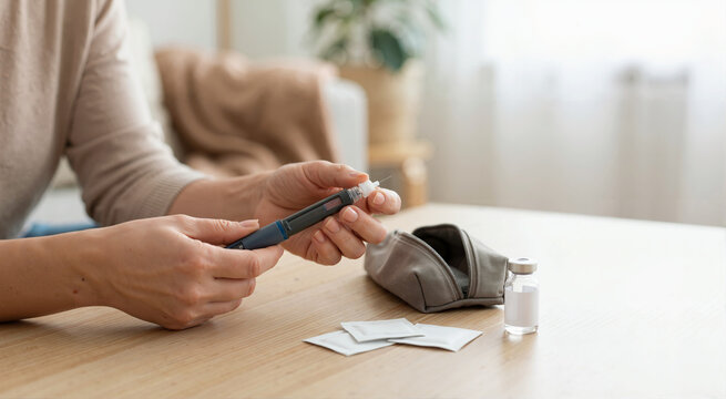 Hands holding insulin pen for diabetes injection at home. Diabetic patient preparing medical treatment with vial and swabs