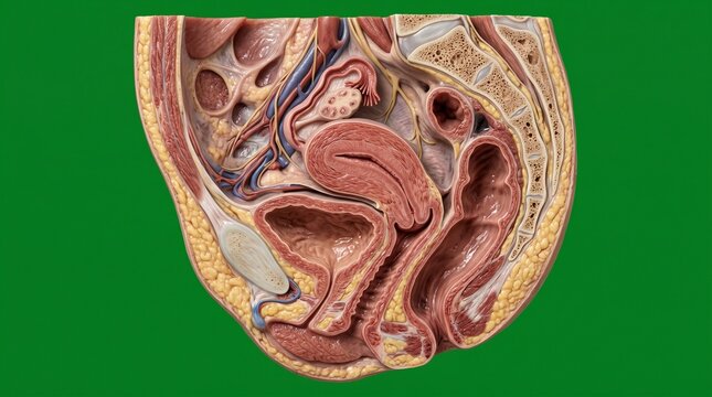 Detailed anatomical sagittal section of human kidney with vascular structures in vibrant colors