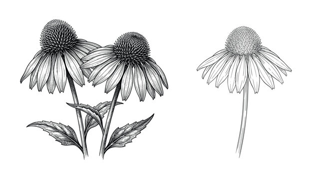 Echinacea flowers illustration in black and white hand drawn style for botanical graphic.