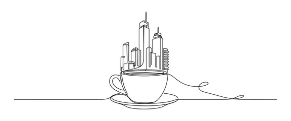 Obraz premium Continuous line drawing of modern city skyline emerging from coffee cup on white surface.