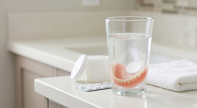 Lower denture soaking in a glass of water with an effervescent cleaning tablet. False teeth hygiene in a bright bathroom. Copy space