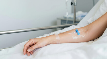 Plakat Patient arm with IV cannula resting on hospital bed. Intravenous fluid drip therapy and medical treatment in clinic