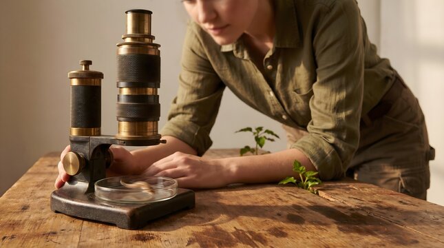 Woman using vintage microscope on wooden table with green shirt