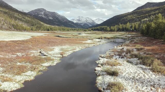 Christmas Meadows Utah Aerial Push Above Meandering Stream 4K