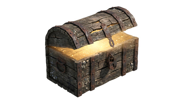 Wooden Treasure Chest Gold Loot Ancient weathered dark wood plank pirate box with a warm mystical gold light glowing from inside. Classic fantasy gaming reward asset for loot boxes.