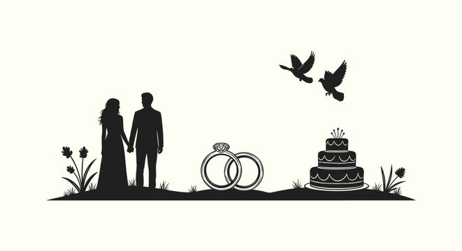 Romantic Wedding Silhouette with Bride and Groom Holding Hands Rings Cake and Flying Dove Birds