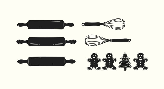 Vintage hand drawn kitchen baking tools collection with rolling pins whisks and gingerbread cookies