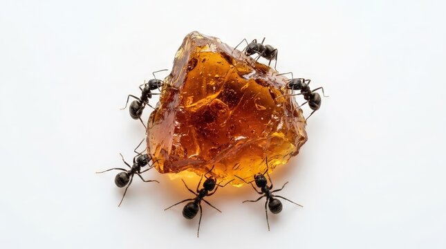 Group of ants working together to carry a large piece of amber on a white surface with teamwork and cooperation