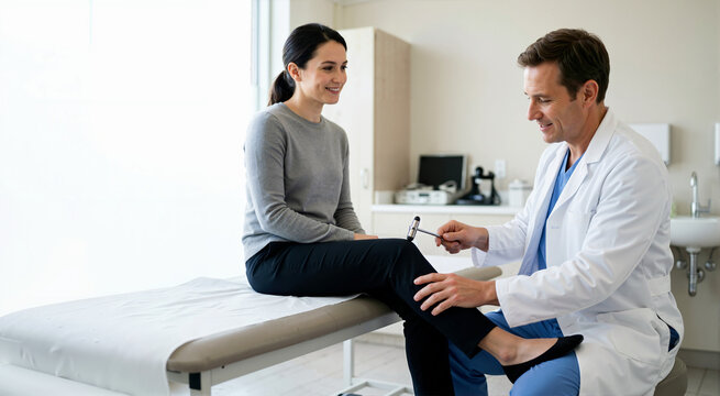 Male doctor checking patient knee reflexes with hammer. Friendly physician performing neurological examination in medical clinic
