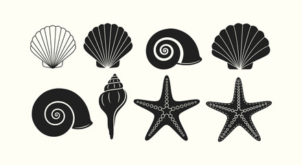 Collection of black and white sea shell and starfish vector icons for marine themed design projects. © RUMA