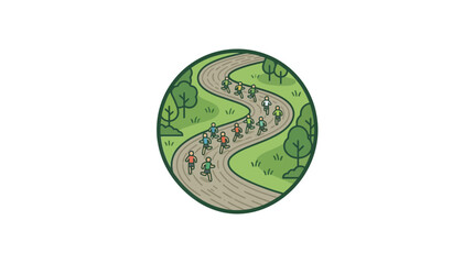 Obraz premium A group of cyclists riding along a winding road through a green landscape.
