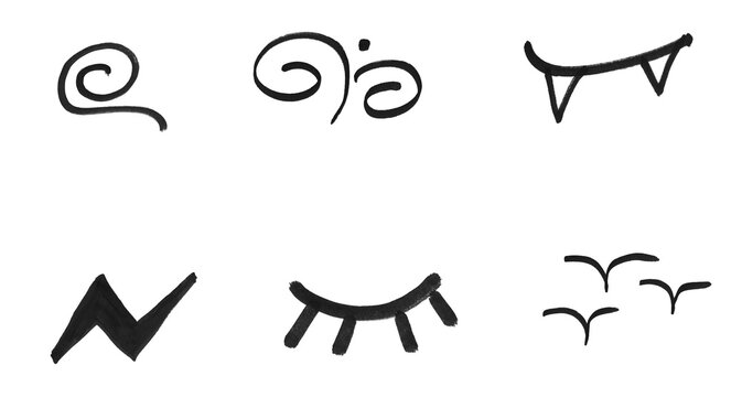 Black hand drawn doodle elements for design including spirals eyes and teeth symbols and birds isolated on transparent background and more.