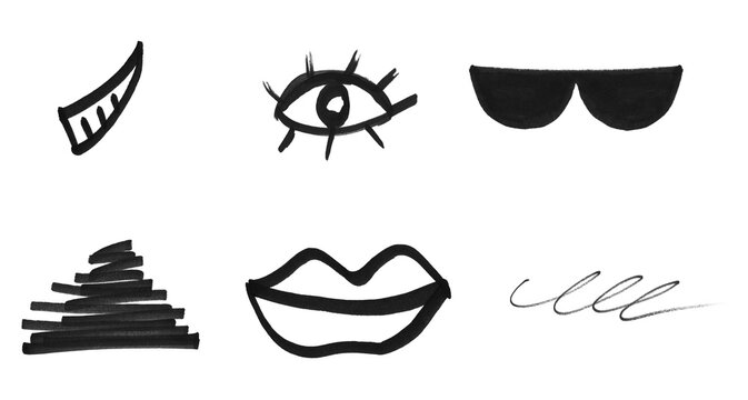 Set of hand drawn doodle face elements in black ink on transparent background including eye sunglasses lips and abstract scribbles for creative design and urban projects.