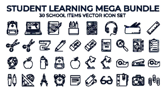 Student learning mega bundle vector icon set, 30 school items including backpack, laptop, notebook, pen set, calculator, headphones, water bottle, clean outline style, white background

