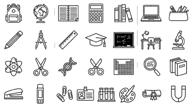 Academic tools mega bundle vector icon set, 30 education objects including globe, calculator, notebook, laptop, books, pencil case, backpack, black and white outline, white background

