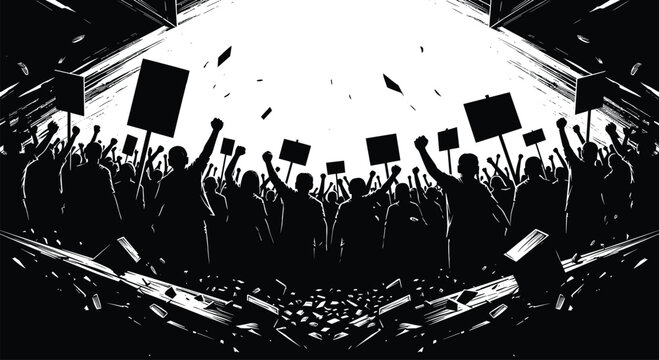 Silhouettes of protesting crowd holding signs and raised fists in dark gritty scene.