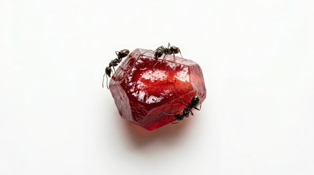 Close-up of ants crawling on a red jelly cube on white background