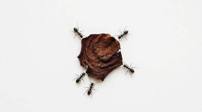 Group of ants working together to carry a large piece of brown leaf on white background