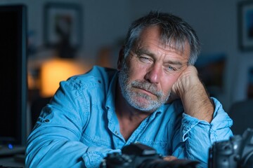 Fototapeta premium Tired Male Photo Editor Resting Head Beside Camera Equipment in Newsroom Studio