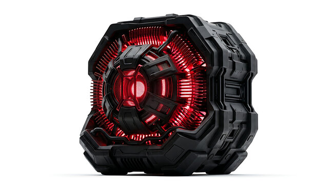 Futuristic glowing cube isolated on a white background, science fiction concept