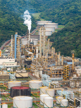 Aerial View of Petrochemical Refinery and Storage Tanks