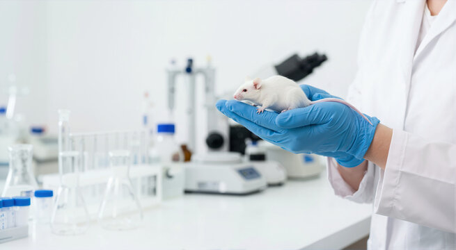Scientist holding white lab mouse in gloved hands. Researcher conducting animal testing in modern biological laboratory with microscope