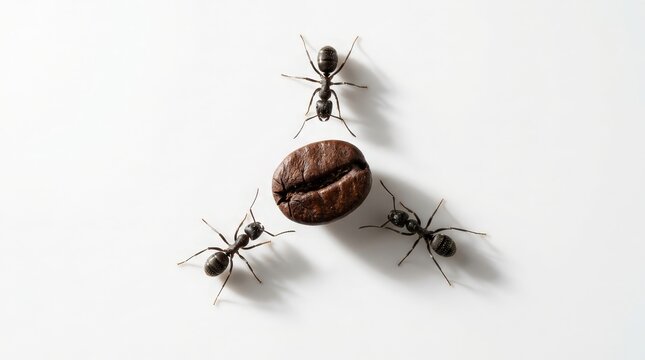 Three ants working together to carry a large brown coffee bean on a white surface with shadows