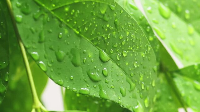 Green leaf raindrop water droplet macro close wet tropical foliage, close up glossy leaf surface after rainfall, fresh natural macro view