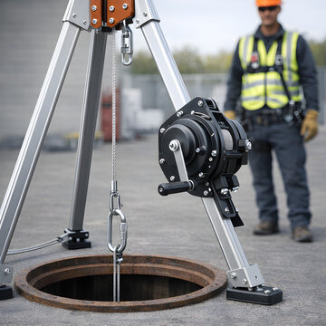 Confined Space Rescue Tripod and Retrieval Winch Over Manhole for Emergency Preparedness, Permit Required Confined Space Safety and Industrial Rescue Equipment Training