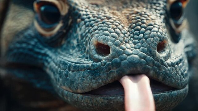 Close-up of a lizard's head, showing textured skin, nostrils, tongue, and partially open mouth
