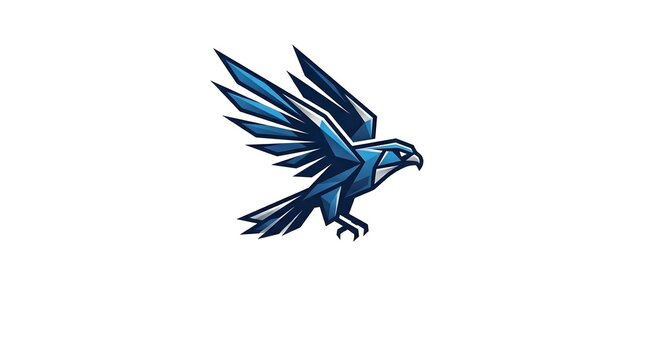 Abstract geometric falcon mascot logo with sharp low poly blue wings for sports team emblem or gaming branding